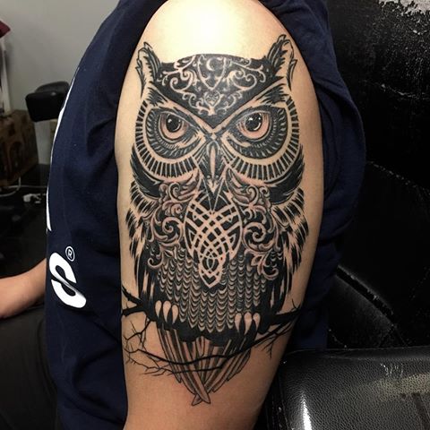 Tribal Owl With Celtic Knots Tattoo On Half Sleeve for Men