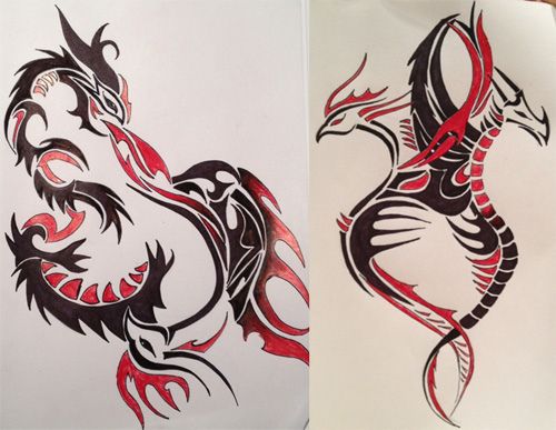 Two Unique Black & Red Ink Tribal Dragon & Phoenix Tattoo Designs