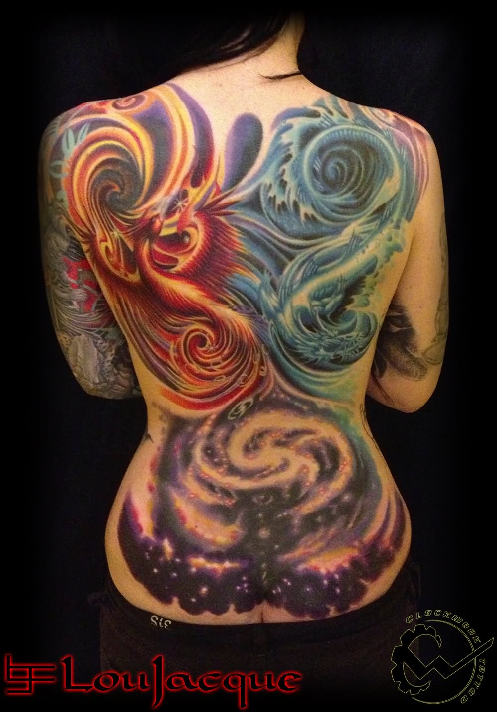 Unique Colorful Phoenix – Dragon Tattoo On Back By Clockwork Tattoo & Art Gallery