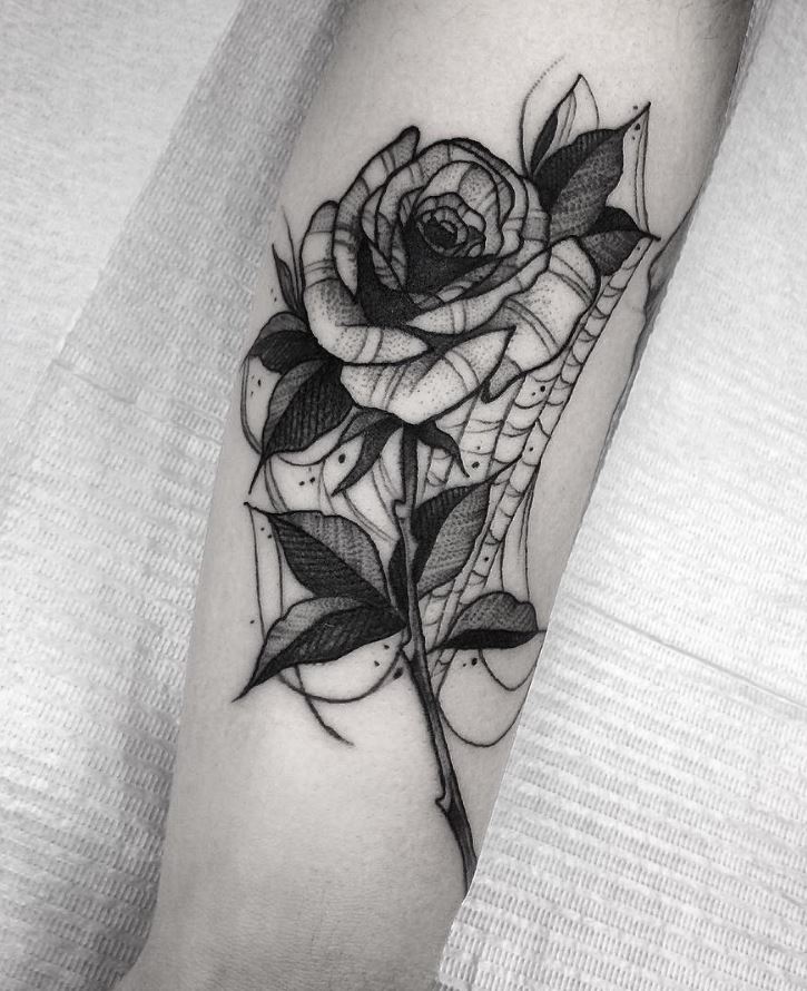 Unique Designed Black Rose Tattoo On Girl Half Sleeve