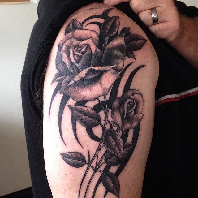 Wonderful Black & Grey Ink Tribal Rose Tattoo On Half Sleeve