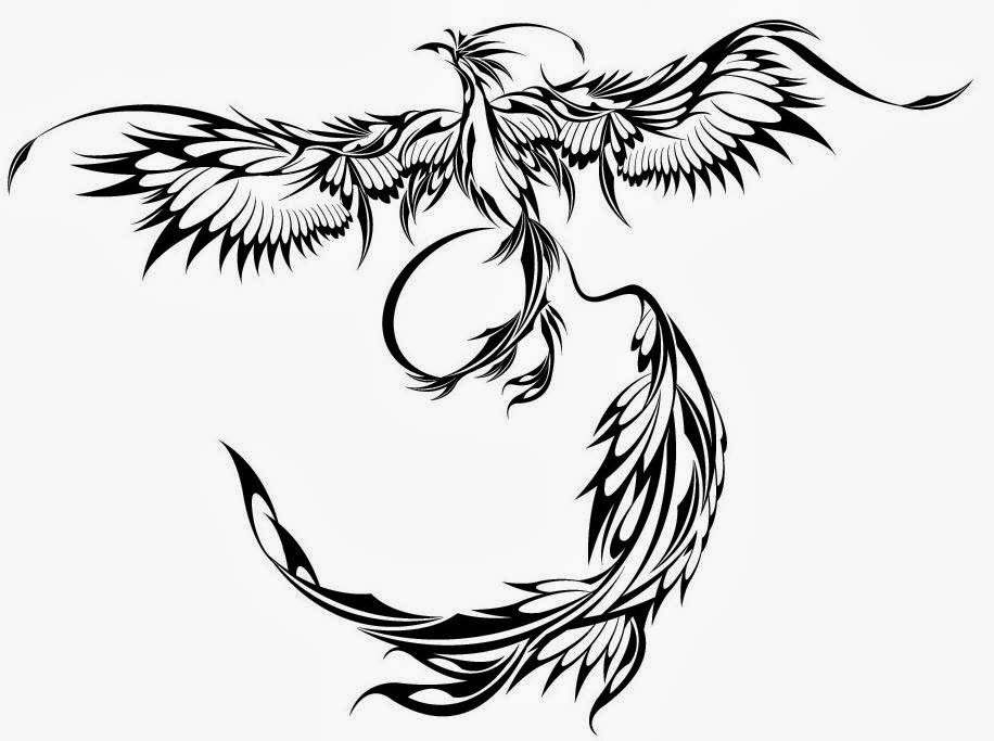 Wonderful Black Ink Flying Phoenix With Long Tail Tattoo Design