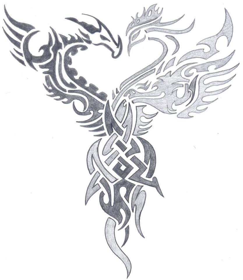 Wonderful Grey Ink Dragon Vs. Phoenix Tattoo Design By Daniel Huscroft