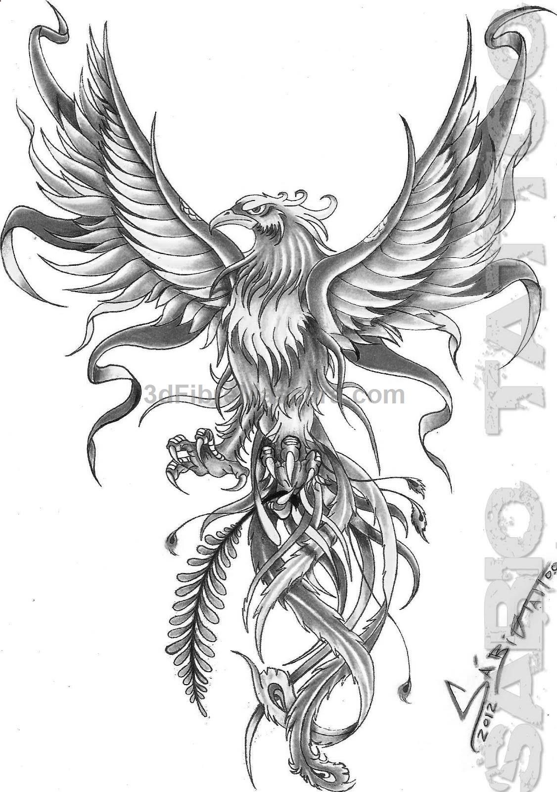 Wonderful Grey Ink Open Winged Flying Phoenix Tattoo Design 1