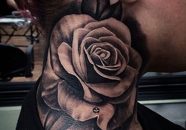 Wonderful Large Realistic Black Rose Tattoo On Neck