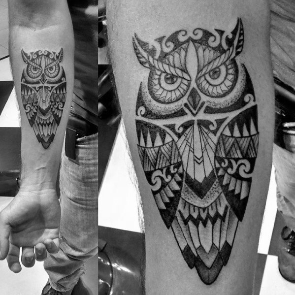 Wonderful Polynesian Tribal Owl Tattoo On Men Inner Forearm