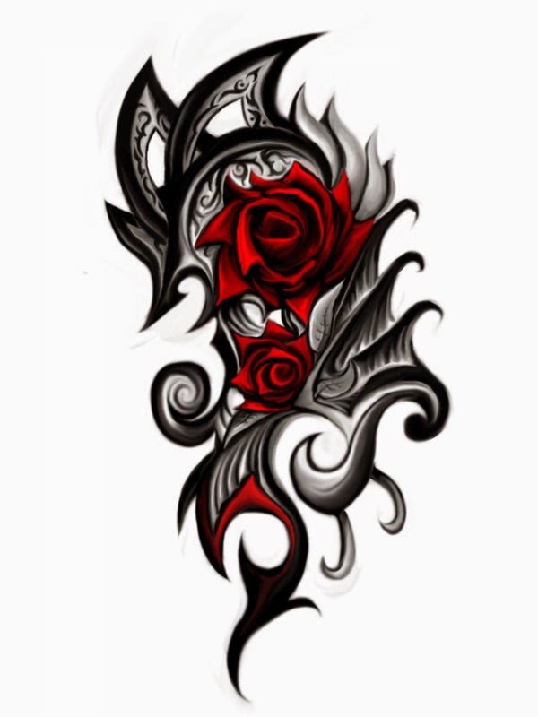 Wonderful Red Roses On Black & Grey Tribal Background Tattoo Design