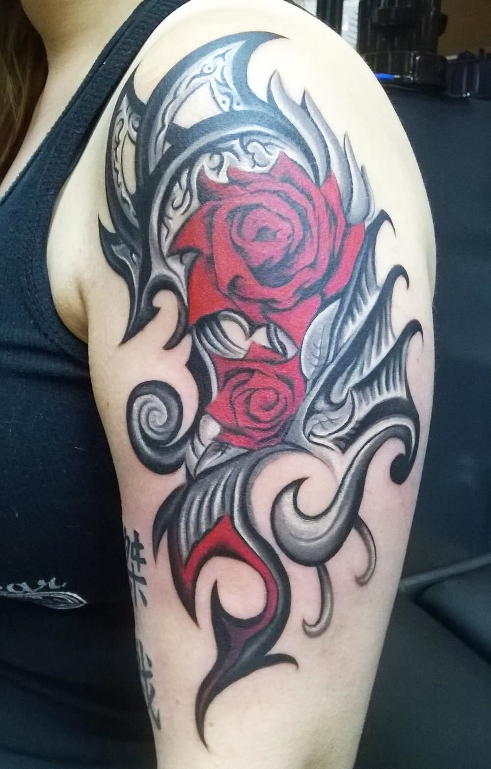 Wonderful Red Roses With Black & Grey Tribal Tattoo Design On Half Sleeve