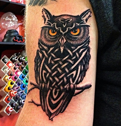 Yellow Eyed Sitting Celtic Owl Tattoo On Bicep For Men