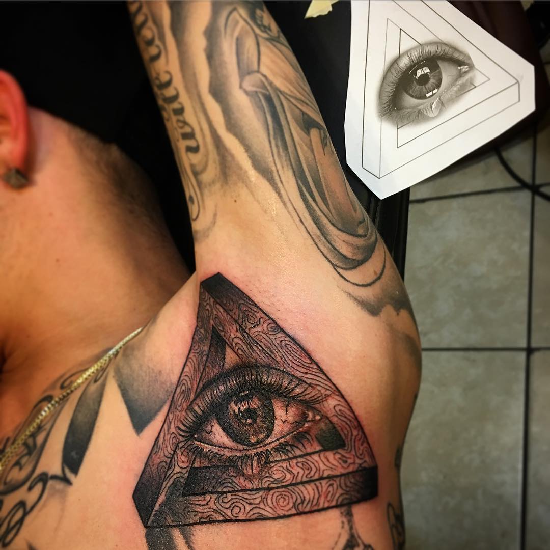3D Black Ink Illuminati Eye Tattoo on Arm Pit For Men