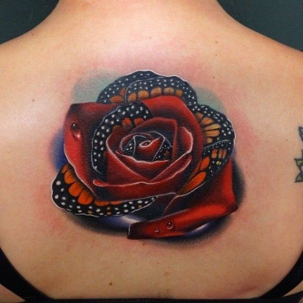 Amazing 3D Colorful Red Rose & Butterfly Wings Composition Tattoo On Back For Girls