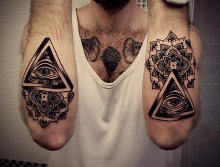 Amazing Black Ink Mandala Flowers & Illuminati Below Elbow Tattoos For Men