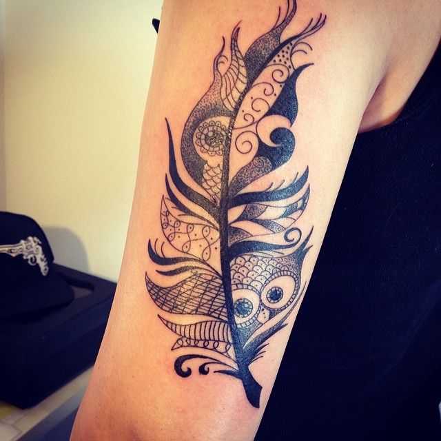 Amazing Black Ink Owl Feather Tattoo On Half Sleeve