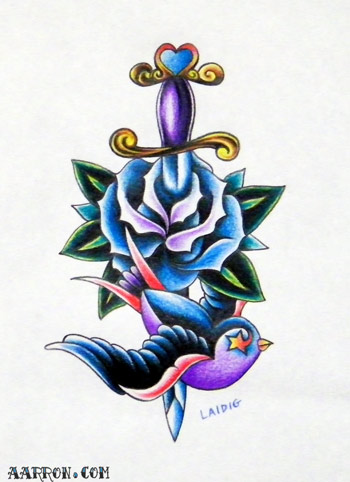 Amazing Colored Blue Rose With Swallow & Dagger Tattoo Design