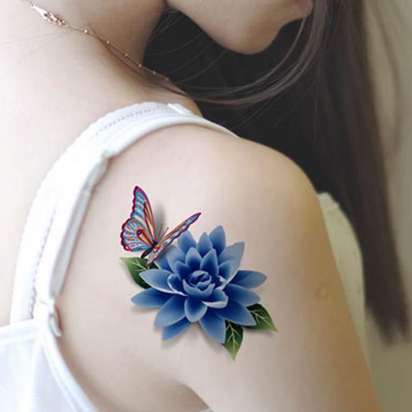 Amazing Colorful 3D Blue Rose With Butterfly Tattoo On Girl Shoulder