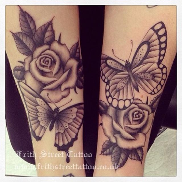 Amazing Grey Ink Butterfly & Rose Tattoo On Forearms