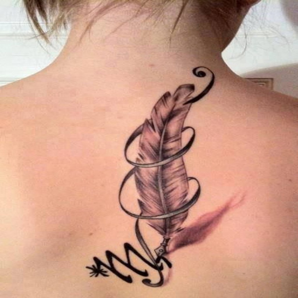 Amazing Grey Ink Owl Feather Tattoo On Girl Back