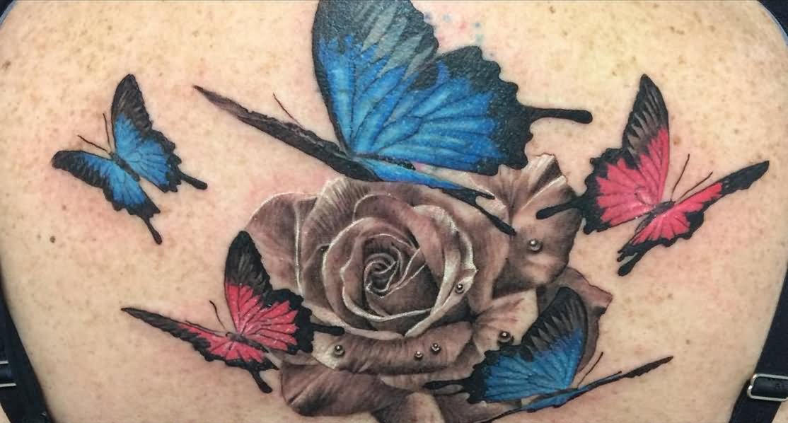 Amazing Grey Rose With Colorful Butterflies Tattoo Design