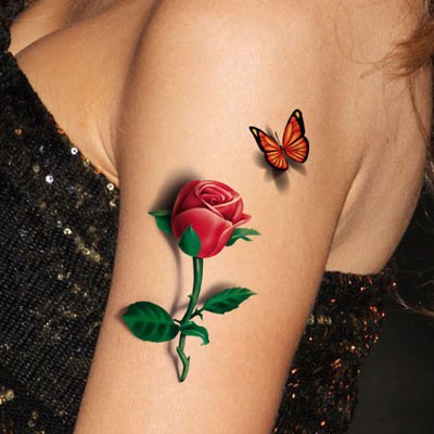 Amazing Realistic 3D Red Rose & Butterfly Tattoo On Girl Half Sleeve