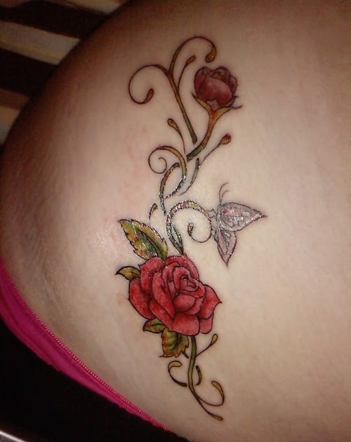 Amazing Red Rose With Grey Butterfly Hip Tattoo For Girls