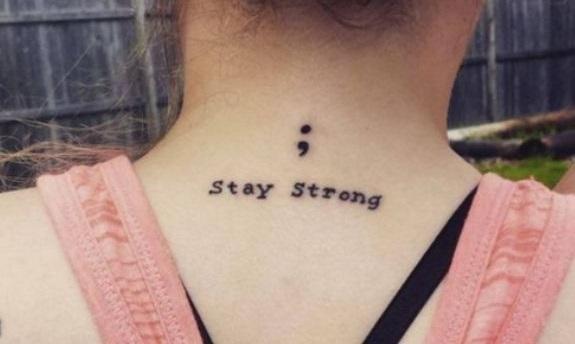 Amazing Semicolon Tattoo With Wording ‘Stay Strong’ On Nape For Girls