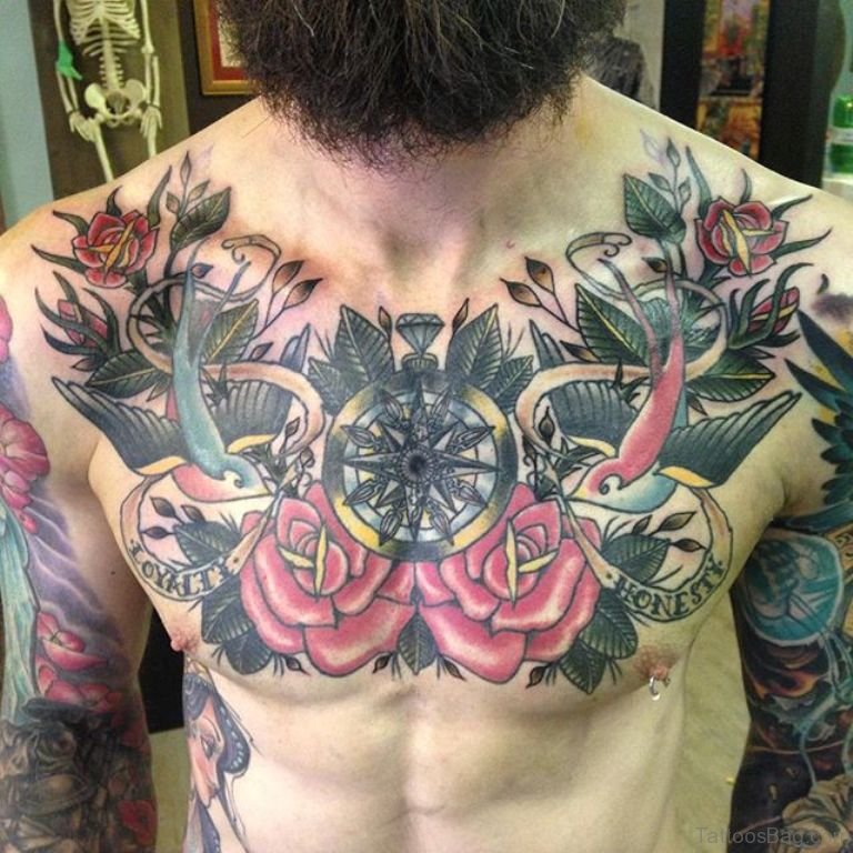 Attractive Roses And Swallows Tattoo On Full Male Chest