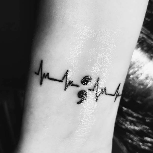 Beautiful Black Ink Heart Beat And Semicolon Tattoo Design