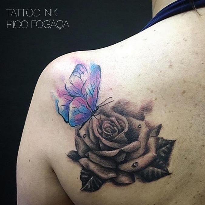 Beautiful Black Ink Rose With Colorful Butterfly Tattoo On Girl Back Shoulder