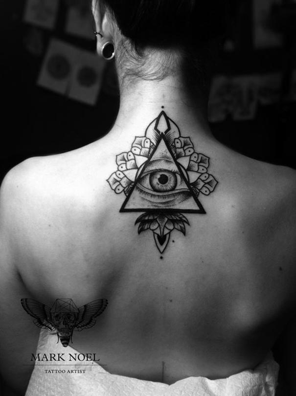 Beautiful Black & White Illuminati Tattoo On Girl’s Nape (Back Neck)