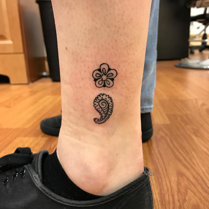 Beautiful Floral Semicolon Tattoo On Leg