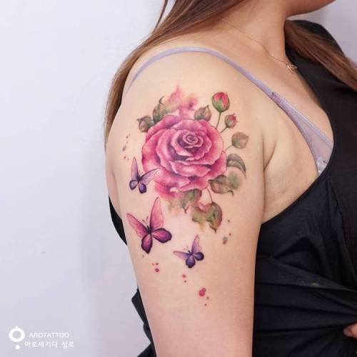 Beautiful Pink Rose With Purple Butterflies Tattoo On Shoulder For Girls