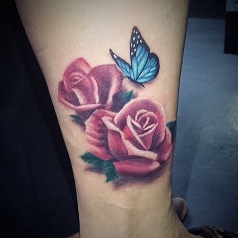 Beautiful Realistic Red Roses With Blue Butterfly Tattoo On Leg