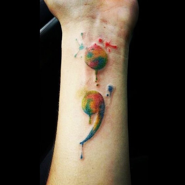 Beautifully Designed Colorful Semicolon Tattoo On Wrist