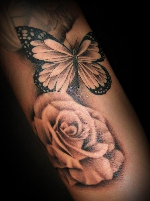 Black – Grey Butterfly & Rose Tattoo On Arm