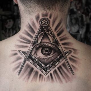 Black & Grey Glowing Illuminati Tattoo On Male Nape