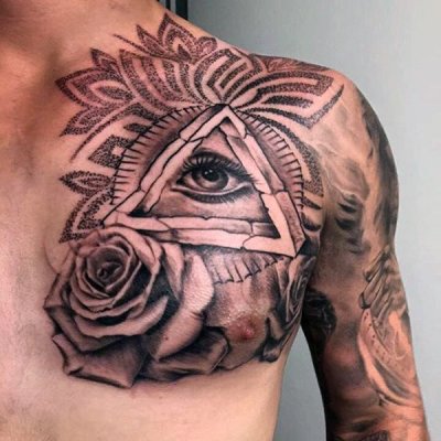 Black – Grey Illuminati & Rose Tattoo On Male Chest