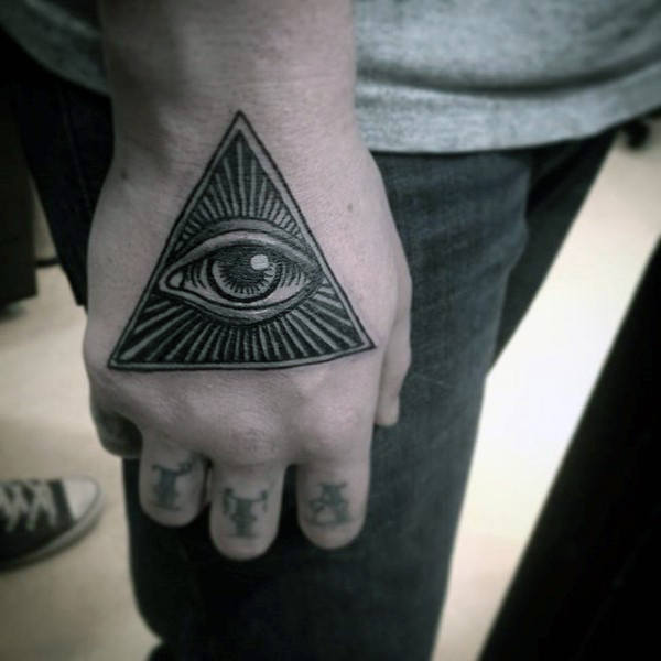 Black Grey Illuminati Tattoo On Hand For Men