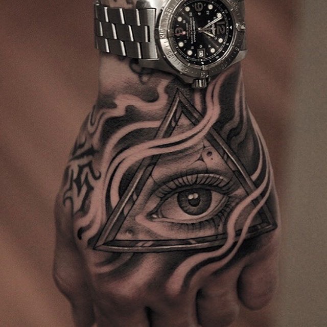 Black & Grey Ink Illuminati & Smoke Tattoo On Male Hand