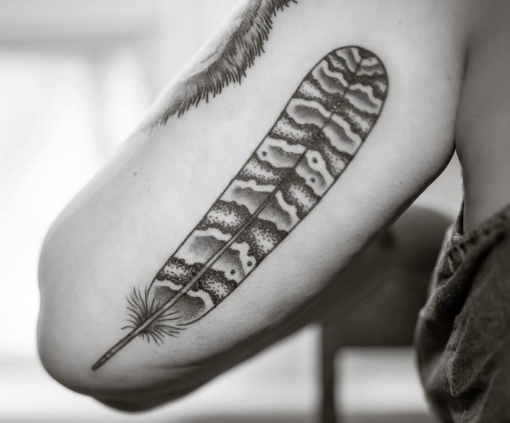 Black & Grey Ink Owl Feather Tattoo On Girl Back Half Sleeve