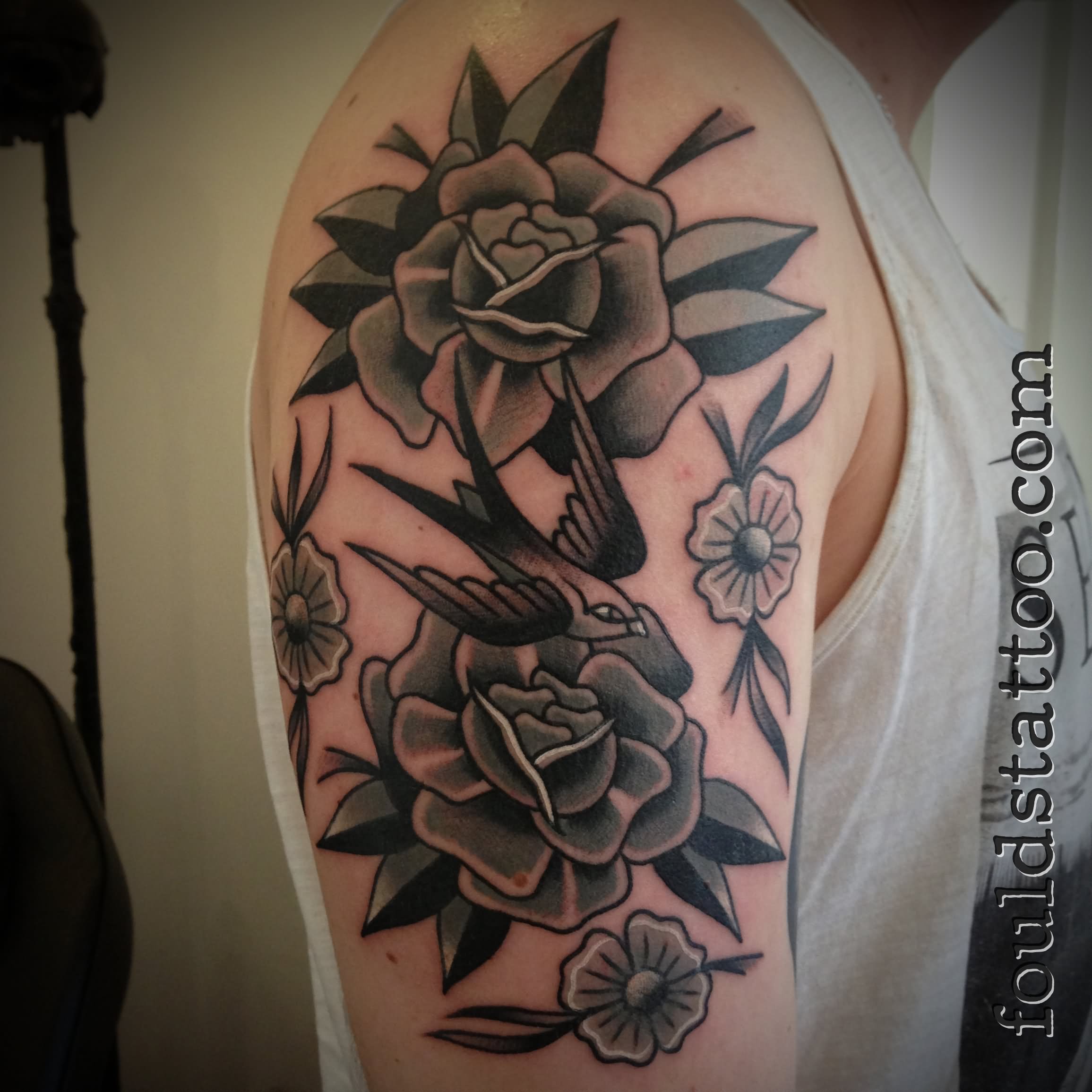 Black & Grey Roses With Swallow Tattoo On Half Sleeve