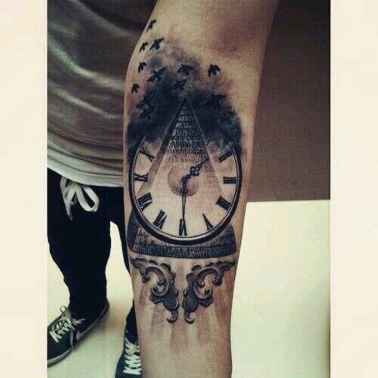 Black Ink Antique Style Illuminati, Watch, Smoke & Birds Composition Tattoo On Forearm