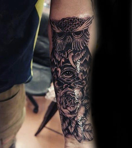Black Ink Dark Owl And Rose Illuminati Tattoo On Male Forearm
