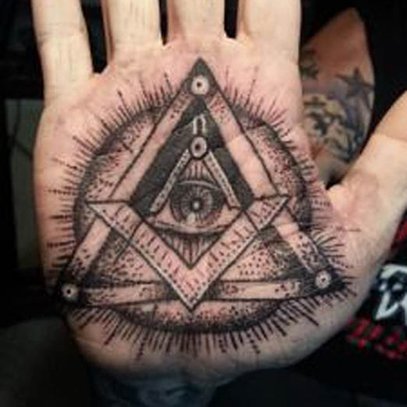 Black Ink Glowing Illuminati Tattoo On Palm
