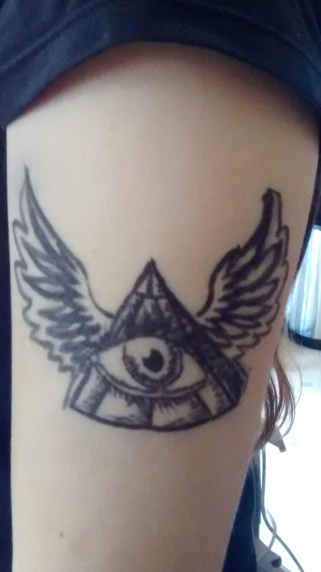 Black Ink Illuminati With Wings Tattoo On Girl Half Sleeve By StarfallenWolf