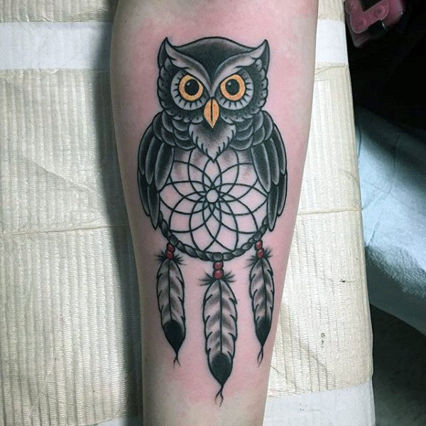 Black Ink Owl Dream-Catcher With Feather Tattoo On Inner Forearm