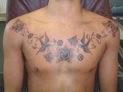 Black Ink Rose And Swallow Tattoos On Male Chest