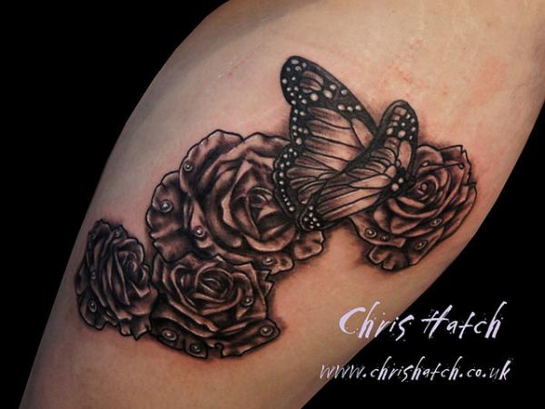Black Ink Roses & Butterfly Tattoo On Leg (Calf) by Chris Hatch