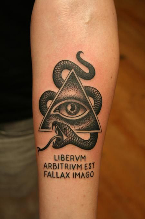Black Ink Snake & Illuminati Tattoo On Forearm