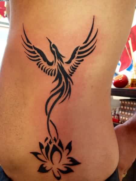 Black Ink Tribal Phoenix & Lotus Tattoo On Girl Siderib