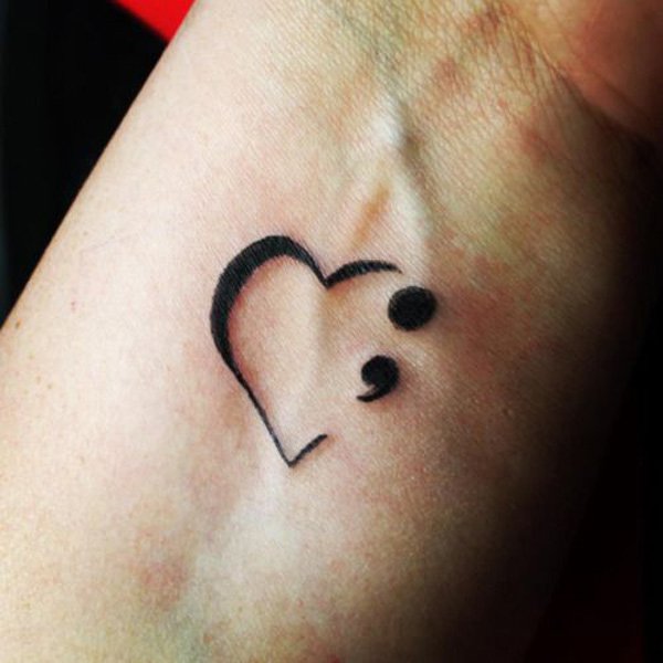 Black Outline Heart & Semicolon Tattoo Design On Wrist